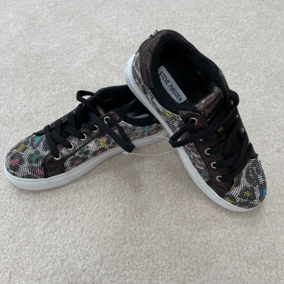 Steve Madden Kids' Jceecee Leopard Print Sparkly Bejeweled Lace Sneaker 3 NWT - Picture 4 of 8